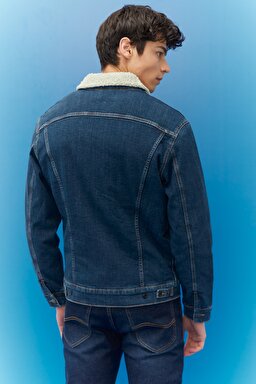 Regular Fit Normal Kesim Mavi Sherpa Jean Kot Ceket - Dark Blue-L87BSQZG (görsel 7)