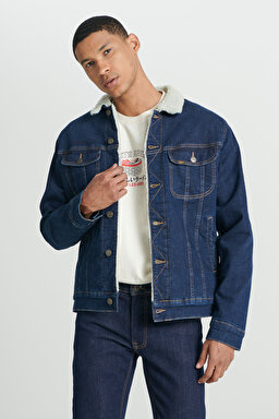 Regular Fit Normal Kesim Koyu Mavi Sherpa Jean Kot Ceket - Rinse-L87BVM36
