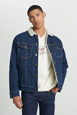 Regular Fit Normal Kesim Koyu Mavi Sherpa Jean Kot Ceket - Rinse-L87BVM36 (görsel 3)