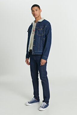 Regular Fit Normal Kesim Koyu Mavi Sherpa Jean Kot Ceket - Rinse-L87BVM36 (görsel 6)