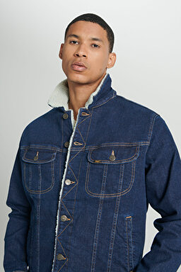 Regular Fit Normal Kesim Koyu Mavi Sherpa Jean Kot Ceket - Rinse-L87BVM36 (görsel 7)