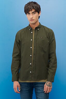 Regular Fit Normal Kesim %100 Pamuk Uzun Kollu Gömlek - Dark Khaki-L880JKOJ