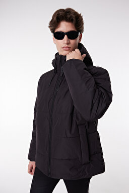 Regular Fit Normal Kesim Kapüşonlu Siyah Şişme Mont - Black-L88BNY01 (görsel 3)