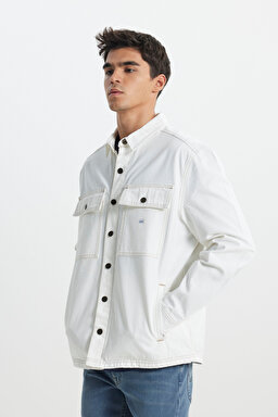 Workwear Oversize Fit Geniş Kesim %100 Pamuk Ekru Jean Kot Ceket - Raw-L89AJC49 (görsel 3)