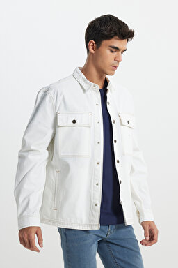 Workwear Oversize Fit Geniş Kesim %100 Pamuk Ekru Jean Kot Ceket - Raw-L89AJC49 (görsel 4)
