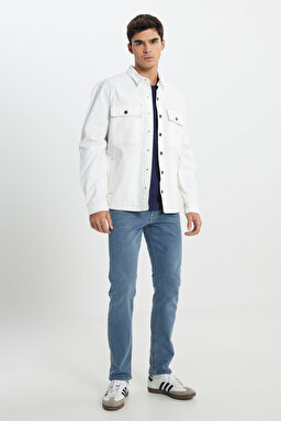 Workwear Oversize Fit Geniş Kesim %100 Pamuk Ekru Jean Kot Ceket - Raw-L89AJC49 (görsel 5)
