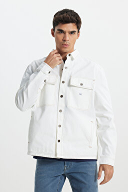 Workwear Oversize Fit Geniş Kesim %100 Pamuk Ekru Jean Kot Ceket - Raw-L89AJC49 (görsel 6)