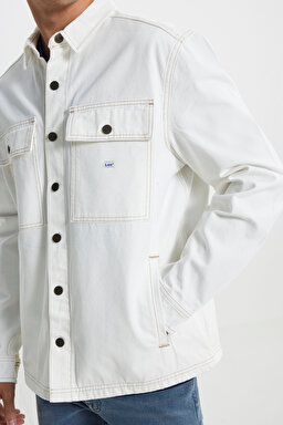 Workwear Oversize Fit Geniş Kesim %100 Pamuk Ekru Jean Kot Ceket - Raw-L89AJC49 (görsel 7)