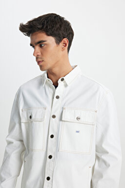 Workwear Oversize Fit Geniş Kesim %100 Pamuk Ekru Jean Kot Ceket - Raw-L89AJC49 (görsel 8)