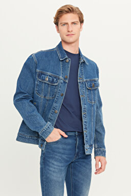 Regular Fit Normal Kesim Pamuklu Esnek İndigo Jean Denim Ceket - Mid Indigo-L89Z00002381 (görsel 2)