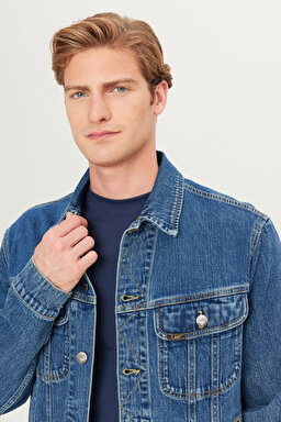 Regular Fit Normal Kesim Pamuklu Esnek İndigo Jean Denim Ceket - Mid Indigo-L89Z00002381 (görsel 4)