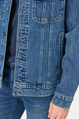 Regular Fit Normal Kesim Pamuklu Esnek İndigo Jean Denim Ceket - Mid Indigo-L89Z00002381 (görsel 6)