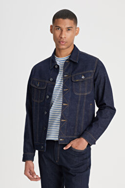 Regular Fit Normal Kesim %100 Pamuk Ekru Trucker Jean Kot Ceket - Dark Blue-L89ZLJ049
