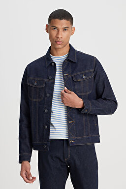 Regular Fit Normal Kesim %100 Pamuk Ekru Trucker Jean Kot Ceket - Dark Blue-L89ZLJ049 (görsel 2)