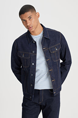 Regular Fit Normal Kesim %100 Pamuk Ekru Trucker Jean Kot Ceket - Dark Blue-L89ZLJ049 (görsel 3)