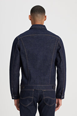 Regular Fit Normal Kesim %100 Pamuk Ekru Trucker Jean Kot Ceket - Dark Blue-L89ZLJ049 (görsel 6)