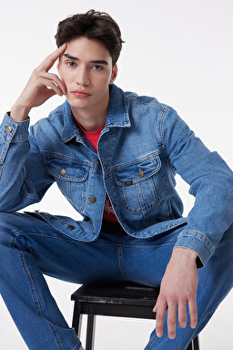 Slim Fit Dar Kesim %100 Pamuk Mavi Denim Kot Ceket - Mid Blue-L89ZLJPI