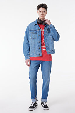 Slim Fit Dar Kesim %100 Pamuk Mavi Denim Kot Ceket - Mid Blue-L89ZLJPI (görsel 2)