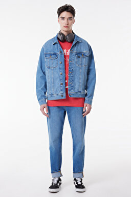 Slim Fit Dar Kesim %100 Pamuk Mavi Denim Kot Ceket - Mid Blue-L89ZLJPI (görsel 4)