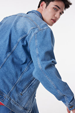 Slim Fit Dar Kesim %100 Pamuk Mavi Denim Kot Ceket - Mid Blue-L89ZLJPI (görsel 5)
