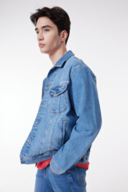 Slim Fit Dar Kesim %100 Pamuk Mavi Denim Kot Ceket - Mid Blue-L89ZLJPI (görsel 6)
