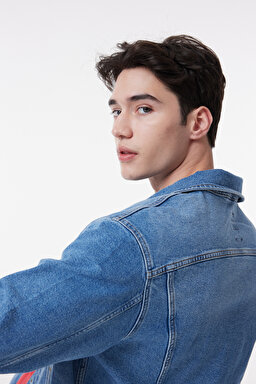 Slim Fit Dar Kesim %100 Pamuk Mavi Denim Kot Ceket - Mid Blue-L89ZLJPI (görsel 7)