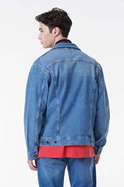 Slim Fit Dar Kesim %100 Pamuk Mavi Denim Kot Ceket - Mid Blue-L89ZLJPI (görsel 8)