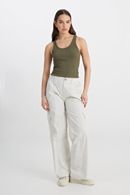 Loose Fit Rahat Kesim Yüksek Bel Geniş Paça %100 Pamuk Ekru Kargo Pantolon - Ecru-LCAP002104