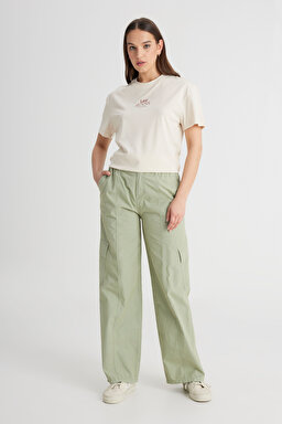 Loose Fit Rahat Kesim Yüksek Bel Geniş Paça %100 Pamuk Haki Kargo Pantolon - Green-LCAP002A11