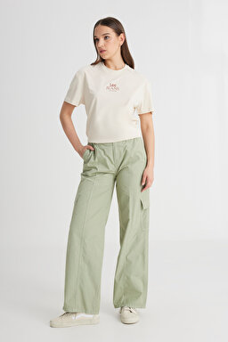 Loose Fit Rahat Kesim Yüksek Bel Geniş Paça %100 Pamuk Haki Kargo Pantolon - Green-LCAP002A11 (görsel 2)
