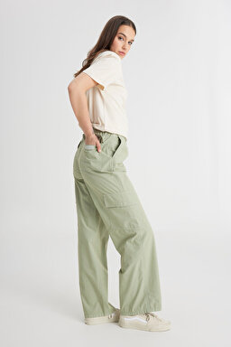 Loose Fit Rahat Kesim Yüksek Bel Geniş Paça %100 Pamuk Haki Kargo Pantolon - Green-LCAP002A11 (görsel 3)