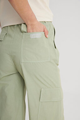 Loose Fit Rahat Kesim Yüksek Bel Geniş Paça %100 Pamuk Haki Kargo Pantolon - Green-LCAP002A11 (görsel 4)