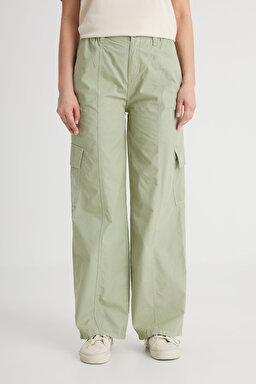 Loose Fit Rahat Kesim Yüksek Bel Geniş Paça %100 Pamuk Haki Kargo Pantolon - Green-LCAP002A11 (görsel 5)
