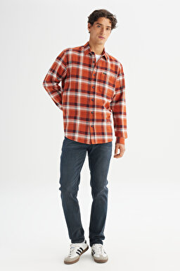 %100 Pamuk Relaxed Fit Rahat Kesim Klasik Yaka Cepli Ekose Gömlek - Vintage Ecru-LD999664931 (görsel 2)