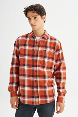 %100 Pamuk Relaxed Fit Rahat Kesim Klasik Yaka Cepli Ekose Gömlek - Vintage Ecru-LD999664931 (görsel 3)