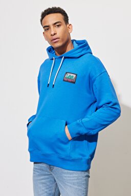 Loose Fit Rahat Kesim %100 Pamuk Kapüşonlu Yaka Mavi Sweatshirt - Ferris-LL22FSA13 (görsel 2)
