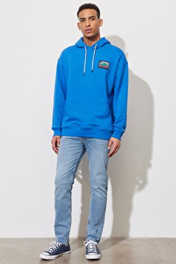 Loose Fit Rahat Kesim %100 Pamuk Kapüşonlu Yaka Mavi Sweatshirt - Ferris-LL22FSA13 (görsel 5)