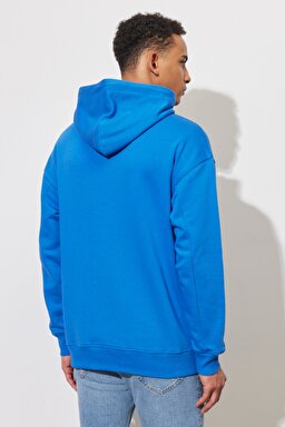 Loose Fit Rahat Kesim %100 Pamuk Kapüşonlu Yaka Mavi Sweatshirt - Ferris-LL22FSA13 (görsel 6)