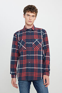 Relaxed Fit Geniş Kesim %100 Pamuk Ekose Gömlek - Rivet Navy-LL316720599