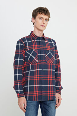 Relaxed Fit Geniş Kesim %100 Pamuk Ekose Gömlek - Rivet Navy-LL316720599 (görsel 2)