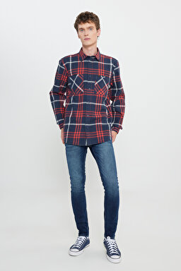 Relaxed Fit Geniş Kesim %100 Pamuk Ekose Gömlek - Rivet Navy-LL316720599 (görsel 3)