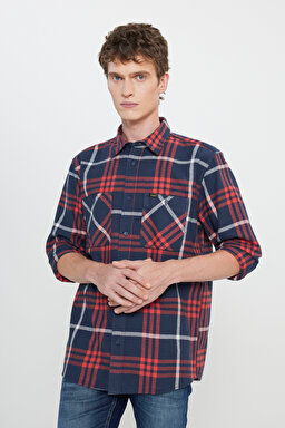 Relaxed Fit Geniş Kesim %100 Pamuk Ekose Gömlek - Rivet Navy-LL316720599 (görsel 4)