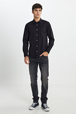 Regular Fit Normal Kesim %100 Pamuk Siyah Gömlek - Black-LL37BM001 (görsel 5)
