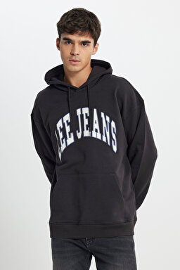 Relaxed Fit Geniş Kesim %100 Pamuk Kapüşonlu İçi Polarlı Antrasit Sweatshirt - Washed Black-LL80RFON