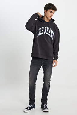 Relaxed Fit Geniş Kesim %100 Pamuk Kapüşonlu İçi Polarlı Antrasit Sweatshirt - Washed Black-LL80RFON (görsel 2)