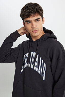 Relaxed Fit Geniş Kesim %100 Pamuk Kapüşonlu İçi Polarlı Antrasit Sweatshirt - Washed Black-LL80RFON (görsel 3)