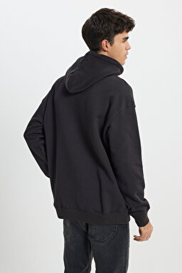 Relaxed Fit Geniş Kesim %100 Pamuk Kapüşonlu İçi Polarlı Antrasit Sweatshirt - Washed Black-LL80RFON (görsel 4)