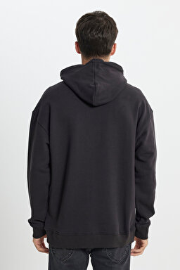 Relaxed Fit Geniş Kesim %100 Pamuk Kapüşonlu İçi Polarlı Antrasit Sweatshirt - Washed Black-LL80RFON (görsel 5)