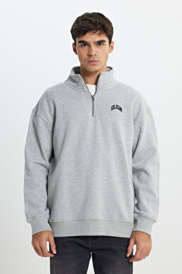 Regular Fit Normal Kesim Dik Yaka Şardonlu Yarım Fermuar Gri Melanj Sweatshirt - Sharp Grey Mele-LL99RF03 (görsel 2)
