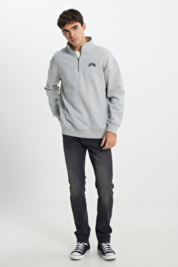 Regular Fit Normal Kesim Dik Yaka Şardonlu Yarım Fermuar Gri Melanj Sweatshirt - Sharp Grey Mele-LL99RF03 (görsel 4)
